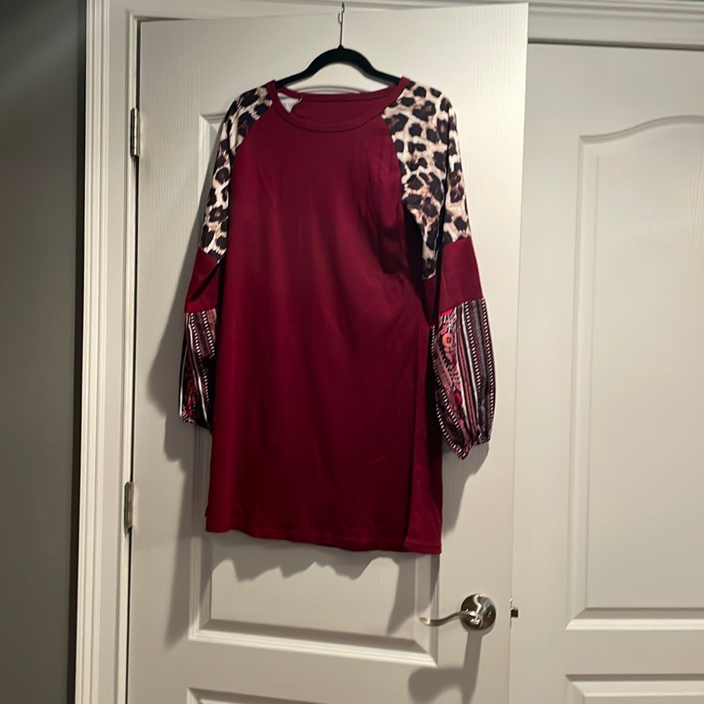 Cute!  Red pattern sleeve sweater dress
